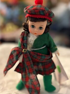 Vintage madame Alexander Scottish  Doll in Tartan Outfit with doll stand